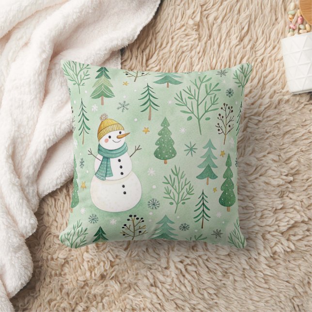 Modern Snowman Forest Olive green pattern Throw Pillow (Blanket)