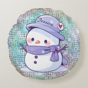 modern Snowman Pastel Pattern Heart Round Pillow