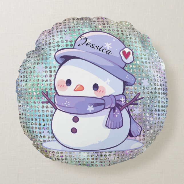modern Snowman Pastel Pattern Heart  Round Pillow (Front)