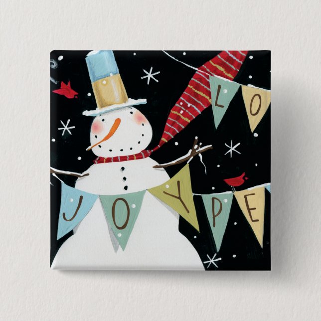 Modern Snowmen Love, Joy, Peace 2 Inch Square Button (Front)
