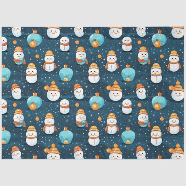 Modern Snowmen Ornaments Blue Christmas Tissue Paper (Front)