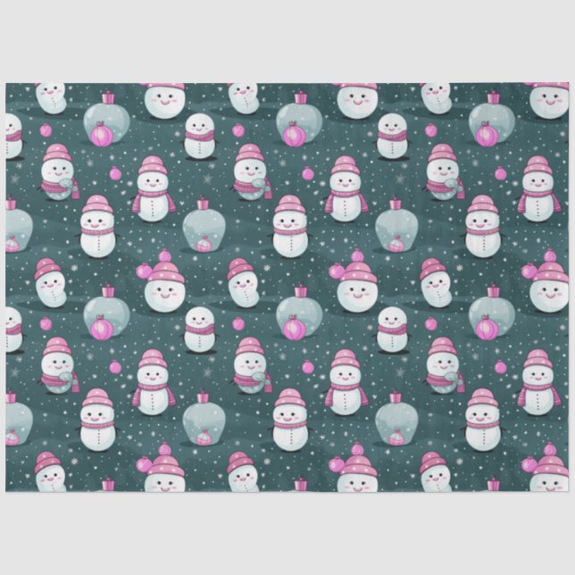 Modern Snowmen Ornaments Pink and Green Christmas Tissue Paper (Front)