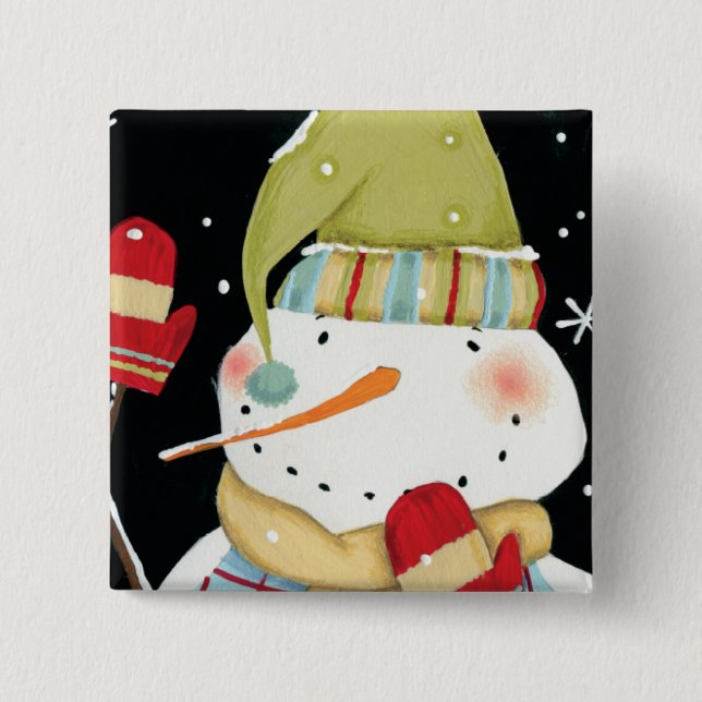 Modern Snowmen with Mittens 2 Inch Square Button (Front)