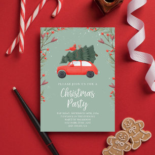 Modern Snowy Christmas Party Pine Tree Red Car Invitation