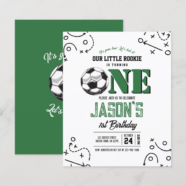 Modern Soccer Tactics Budget 1st Birthday Invite (Front/Back)