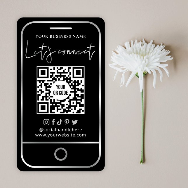 Modern Social Media Black & Silver Scannable QR Business Card (Creator Uploaded)