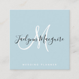 Modern soft blue elegant script signature monogram square business card