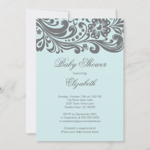 Modern Soft Blue Grey Floral Swirl Baby Shower Invitation