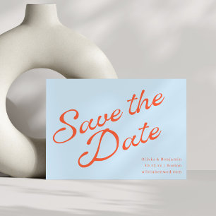 Modern Soft Blue Orange Retro Script Wedding Save The Date