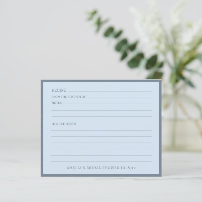 Modern Soft Blue Personalized Bridal Recipe Card (Standing Front)