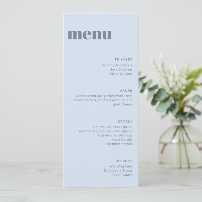 Modern Soft Blue Wedding Tall Template Dinner Menu (Debout devant)