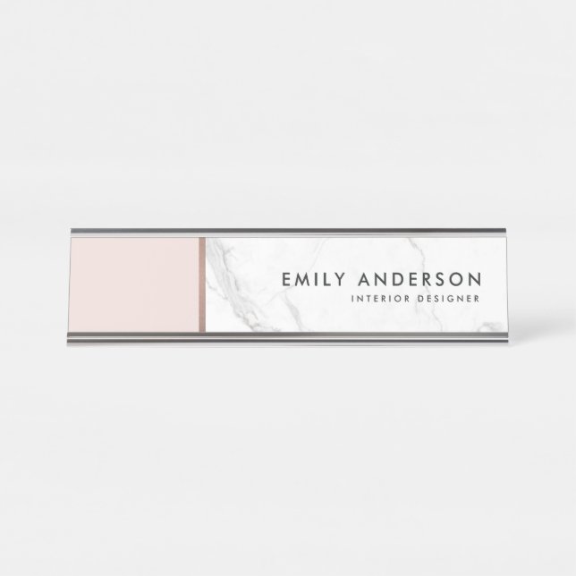 MODERN SOFT BLUSH PINK ROSE GOLD MARBLE TEXTURE DESK NAME PLATE (Front)