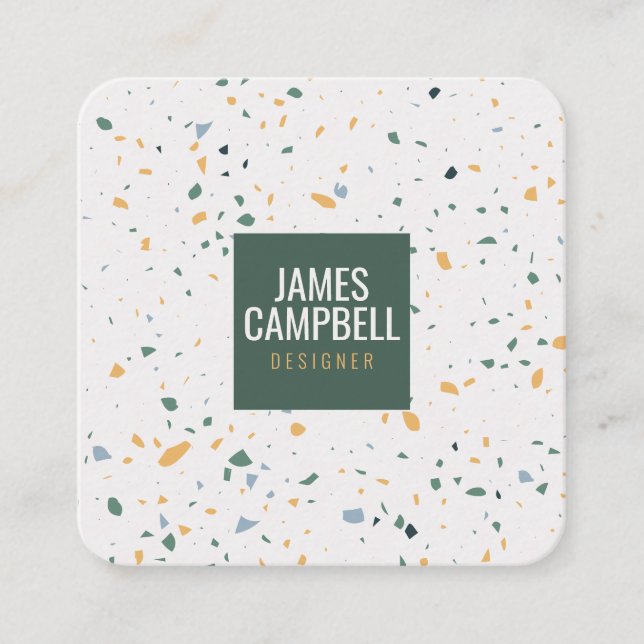 Modern soft green terrazzo marble abstract pattern square business card (Front)