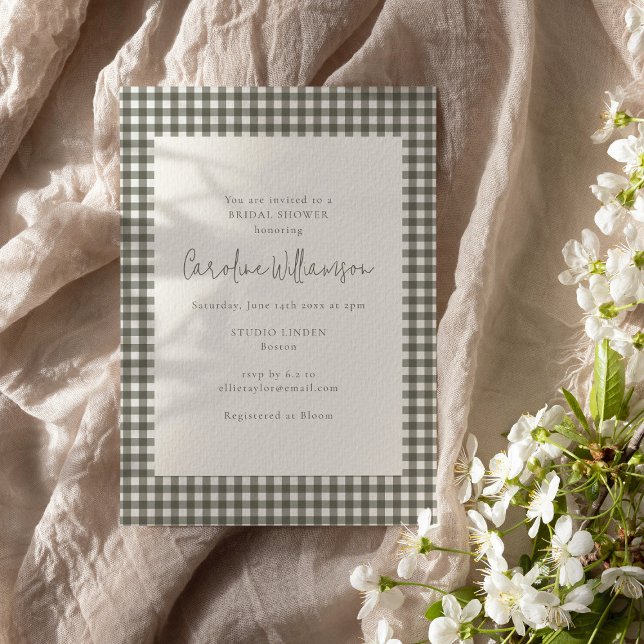 Modern Soft Grey Gingham Plaid Bridal Shower Invitation (Creator Uploaded)