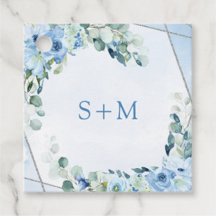 Modern soft pastel blue flowers silver initials favour tags