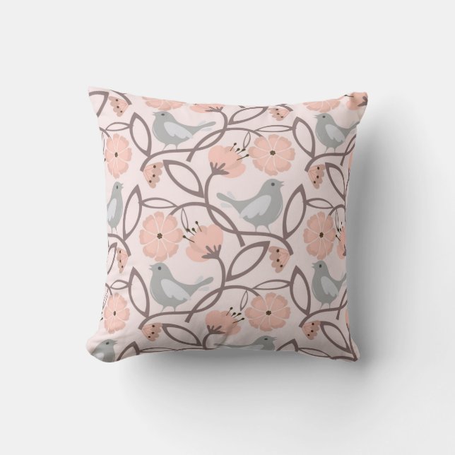 Modern Soft Peach Flowers Grey Birds Pattern Throw Pillow (Front)