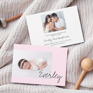 Modern Soft Pink Baby Girl Name Script Photo Birth Announcement
