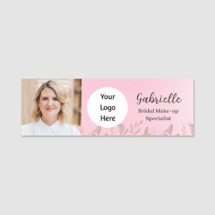 Modern Soft Pink Botanical Photo Script Name Tag