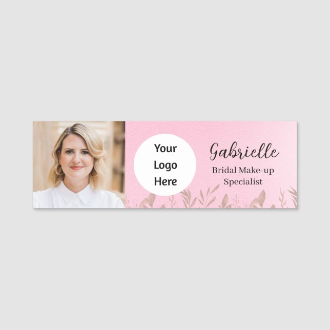 Modern Soft Pink Botanical Photo Script   Name Tag (Front)