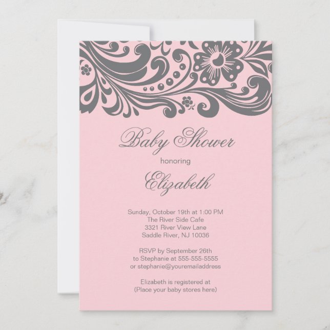 Modern Soft Pink Grey Floral Swirl Baby Shower Invitation (Front)