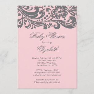Modern Soft Pink Grey Floral Swirl Baby Shower Invitation