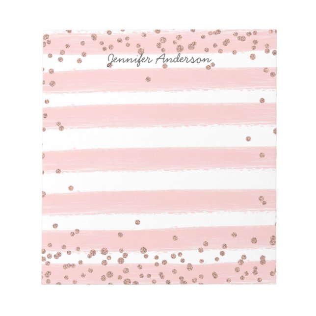 Modern Soft Pink Stripe Gold Confetti Personalize Notepad (Front)
