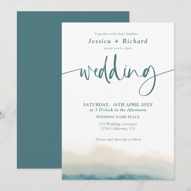 Modern soft teal watercolor summer wedding script invitation (Front/Back)