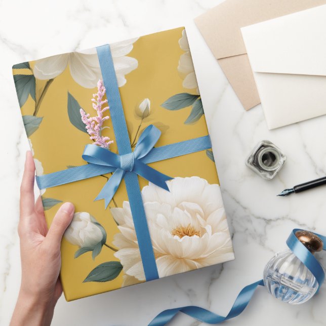 Modern Soft Yellow Flower White Floral Pattern Wrapping Paper (Gifting)
