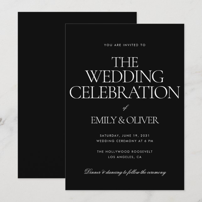 Modern Solid Black Black Elegant Custom Wedding Invitation (Front/Back)