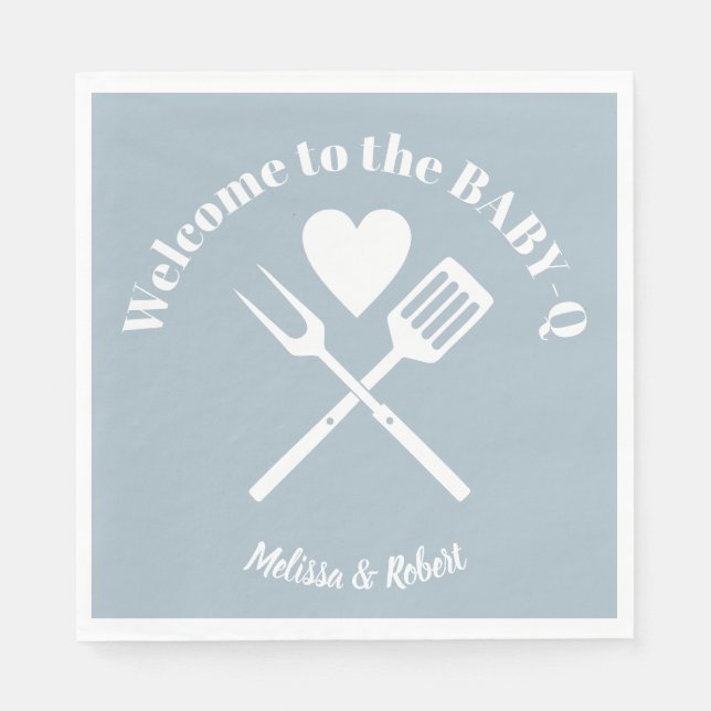 Modern Solid Blue BABY-Q Baby Shower BBQ Napkins (Front)