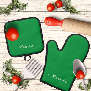 Modern Solid Bright Green template, White Script Oven Mitt & Pot Holder Set
