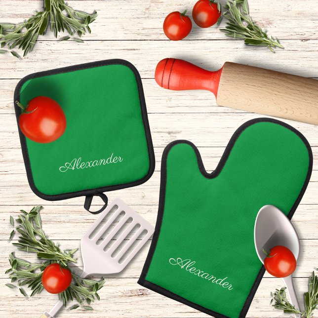 Modern Solid Bright Green template,  White Script  Oven Mitt & Pot Holder Set (Creator Uploaded)