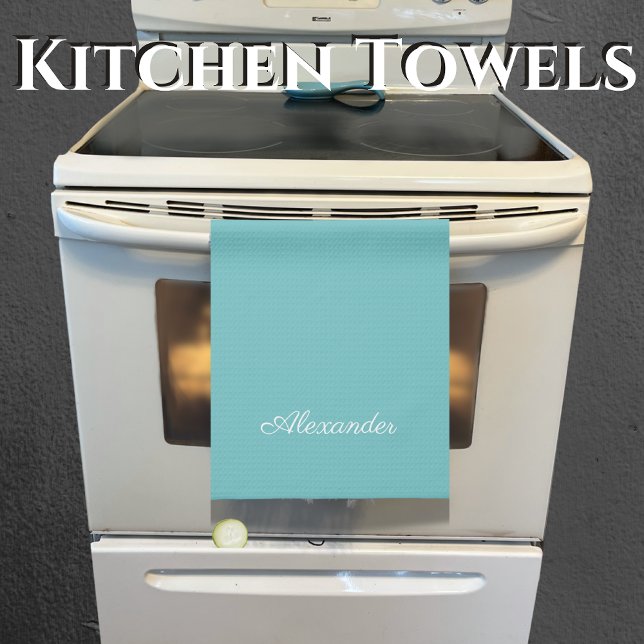 Modern Solid Teal Blue template White Script Kitchen Towel (Creator Uploaded)