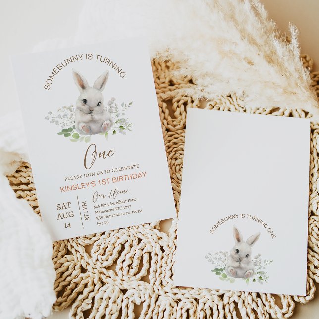 Modern Some Bunny Is Turning One 1st Birthday  Invitation (Modern some bunny is turning one 1st birthday invitation with white rabbit.  Somebunny is turning 1)