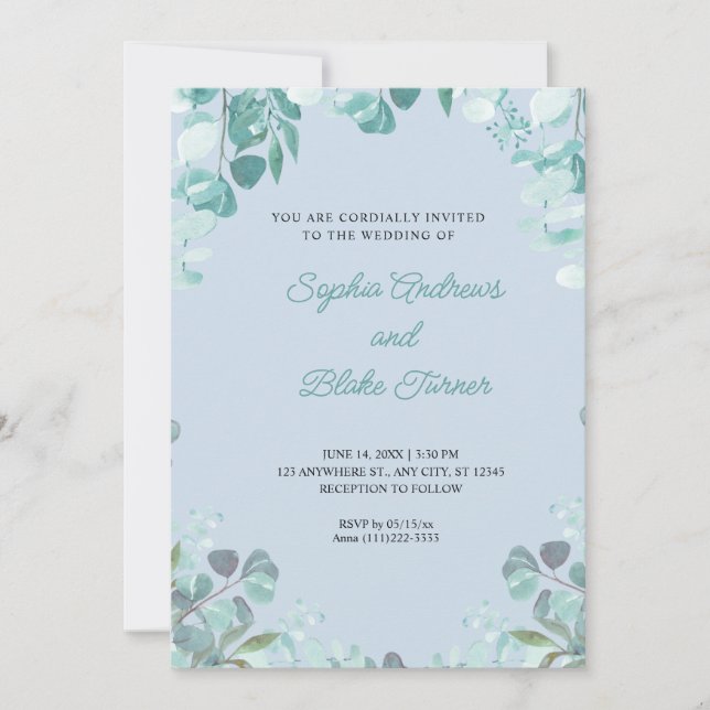 Modern Sophisticated Greenery Framed Blue Wedding Invitation (Front)