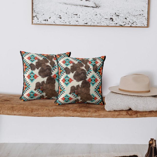 Modern Southwestern Cowhide Aztec Pattern Throw Pillow (Creator Uploaded)