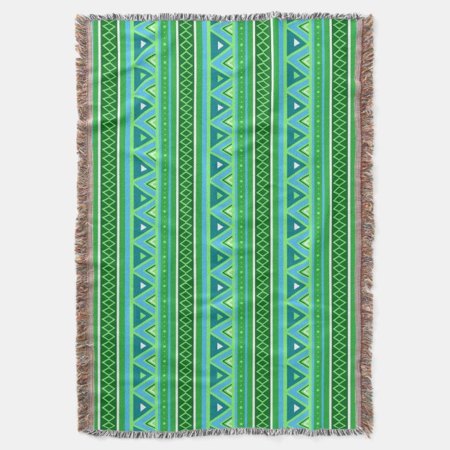 Modern Southwestern Geometric, Green and Aqua  Throw Blanket (Front Vertical)