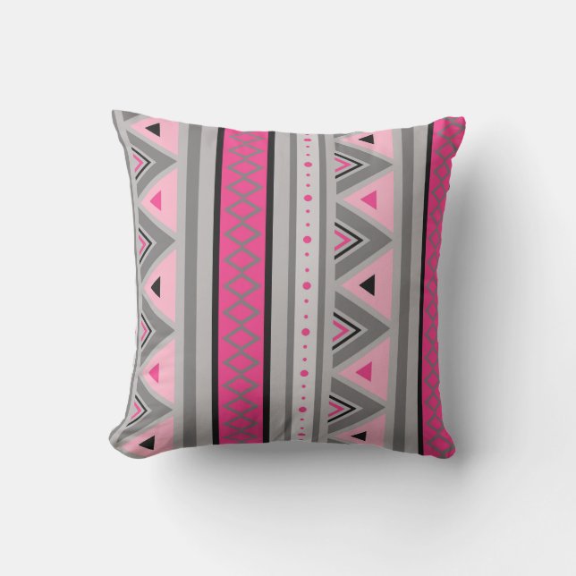 Modern Southwestern Geometric, Pink and Grey Outdoor Pillow (Front)