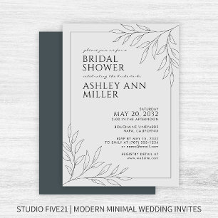 Modern Space Grey Foliage Outline Bridal Shower Invitation