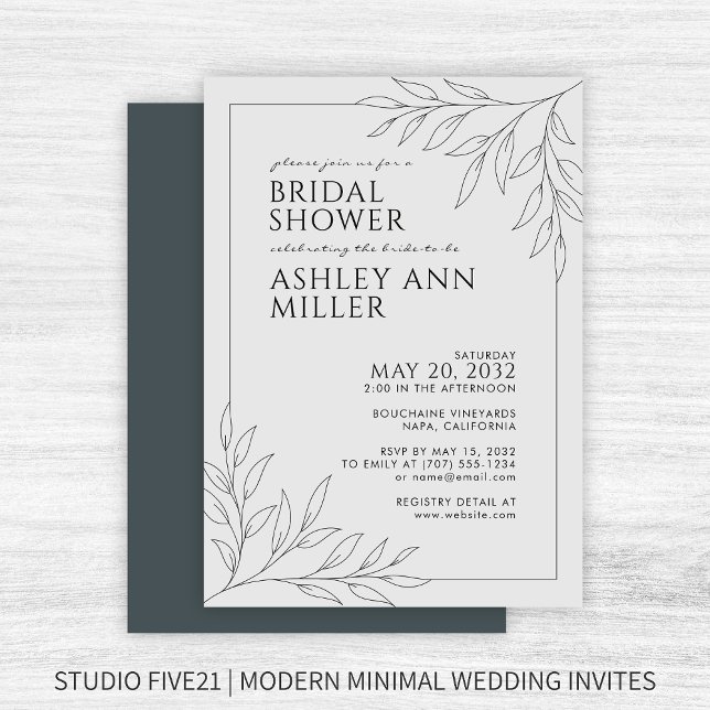 Modern Space Grey Foliage Outline Bridal Shower Invitation (Creator Uploaded)
