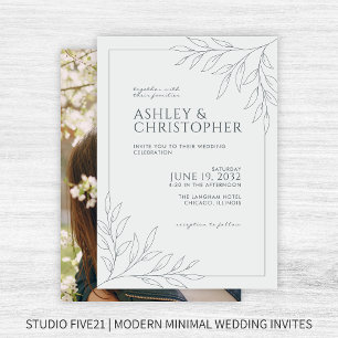 Modern Space Grey Foliage Outline Photo Wedding Invitation