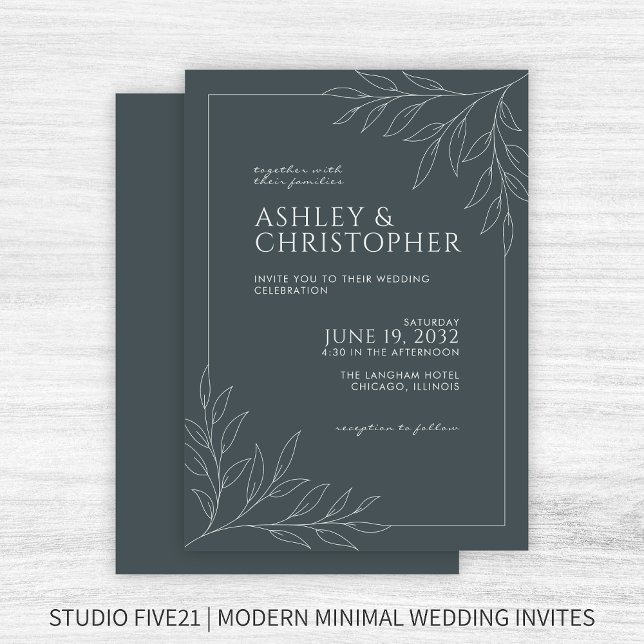 Modern Space Grey Foliage Outline Wedding Invitation (Creator Uploaded)