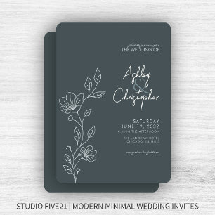 Modern Space Grey Foliage Outline Wedding Invitation