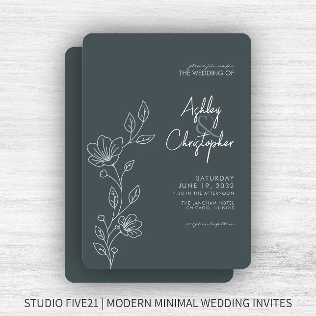 Modern Space Grey Foliage Outline Wedding Invitation (Creator Uploaded)