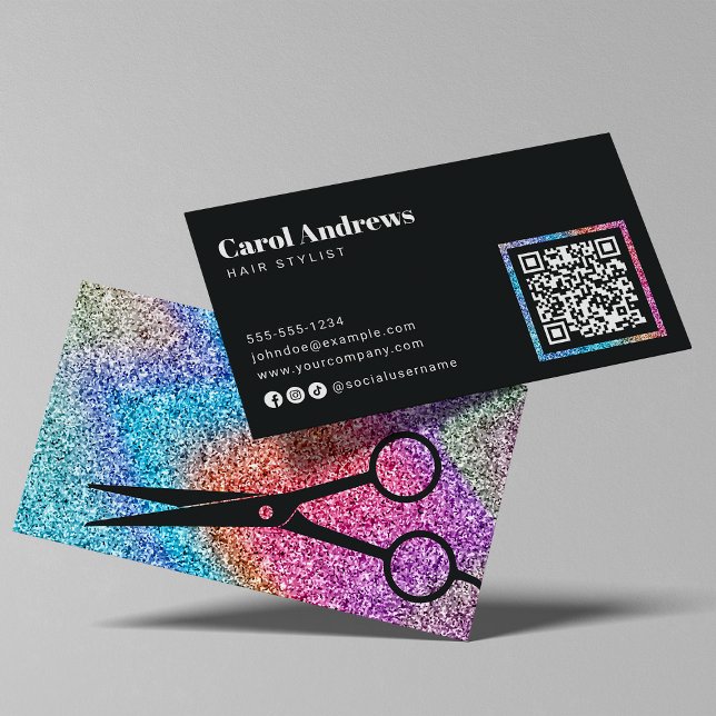 Modern Sparkle Black Hair Salon QR Code Business Card (Creator Uploaded)