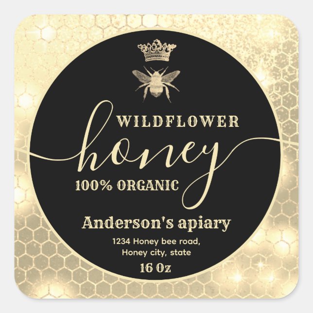 Modern sparkle gold queen bee script honey   class square sticker (Front)