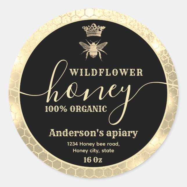 Modern sparkle gold queen bee script honey   classic round sticker (Front)