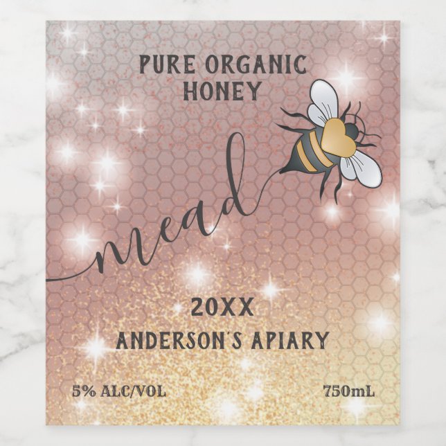 Modern sparkle honeycomb honeybee mead wine label (Single Label)