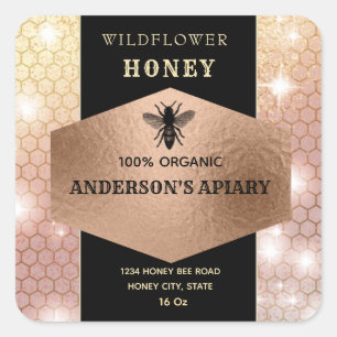 Modern sparkle rose gold bee honey jar label