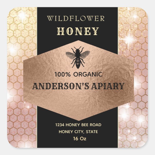 Modern  sparkle rose gold bee honey jar label (Front)